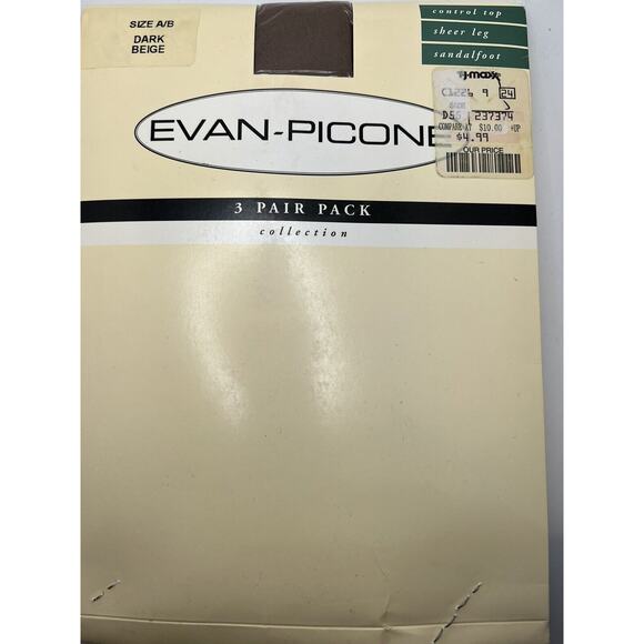 Vintage Pantyhose Evan Picone Control Top Sheer Sandalfoot Dark Beige Sz AB 3pr - Picture 1 of 2